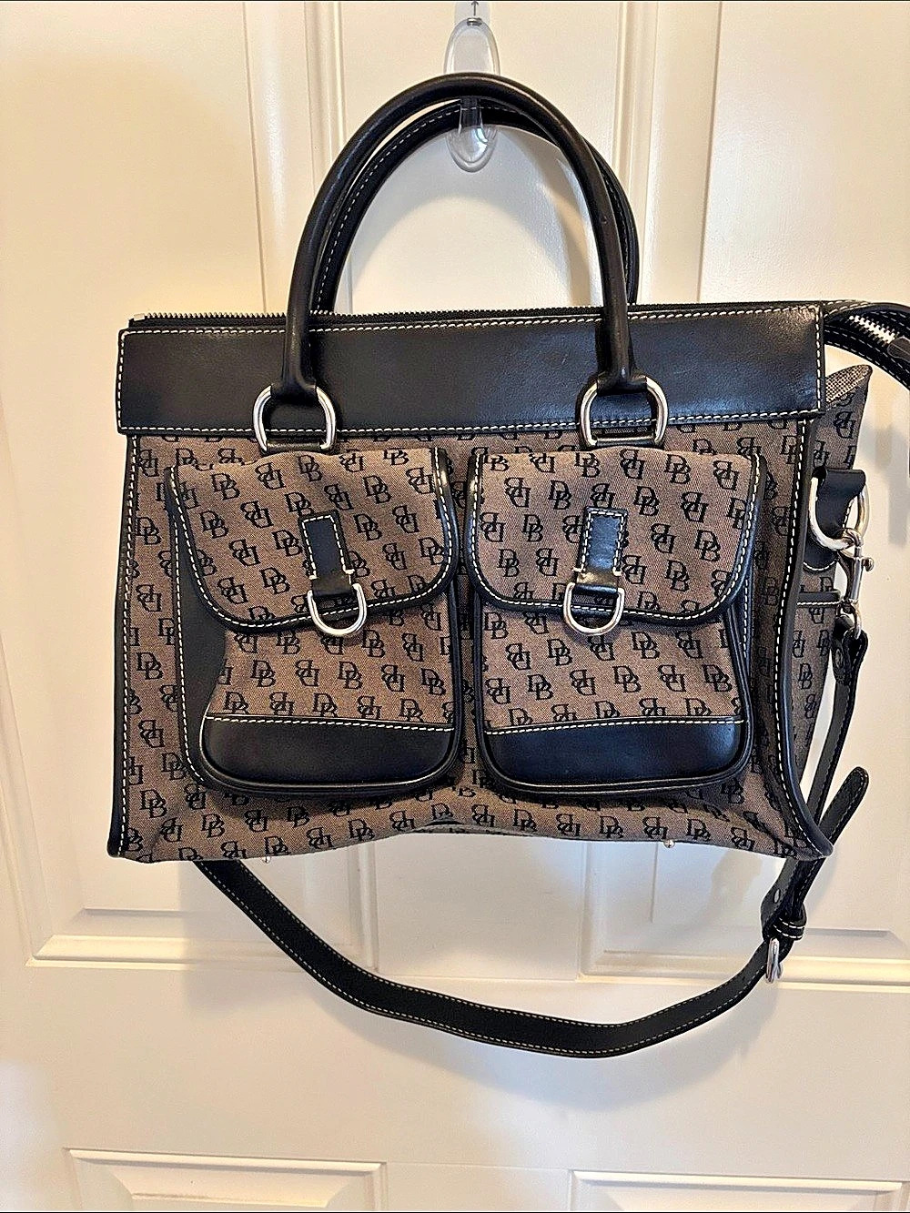Dooney & Bourke Signature DB Monogram Double Pocket Satchel in Grey & Black